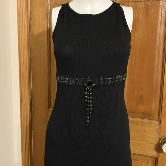 St. John Evening By Marie Gray Black Midi Dress Santana Knit Paillettes  Size 4 - threedaughtersproperties.com